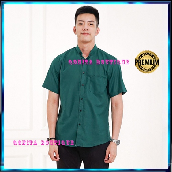 Kemeja Pria Lengan Pendek Cowok Premium Distro Warna Hijau Botol Polos Dark Green XXL