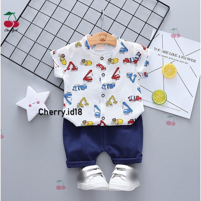 Cherry COD Setelan Kemeja Anak Motif Traktor / Setelan Kemeja Anak Lengan Pendek  / Baju Anak Laki Laki -  KB10