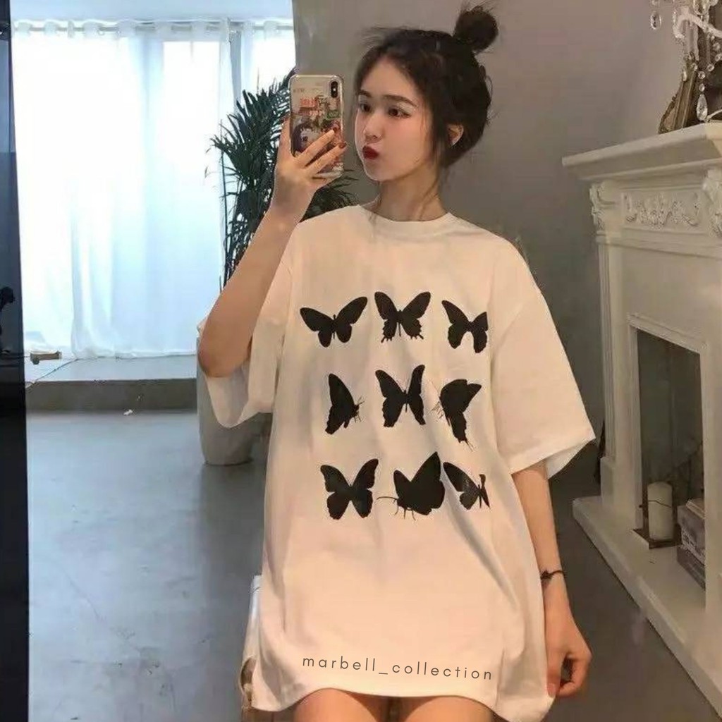 EIGHT BUTTERFLY HITAM PUTIH OVERSIZE | KAOS WANITA TSHIRT TUMBLR TEE KUPU BERSHKA DISNEY