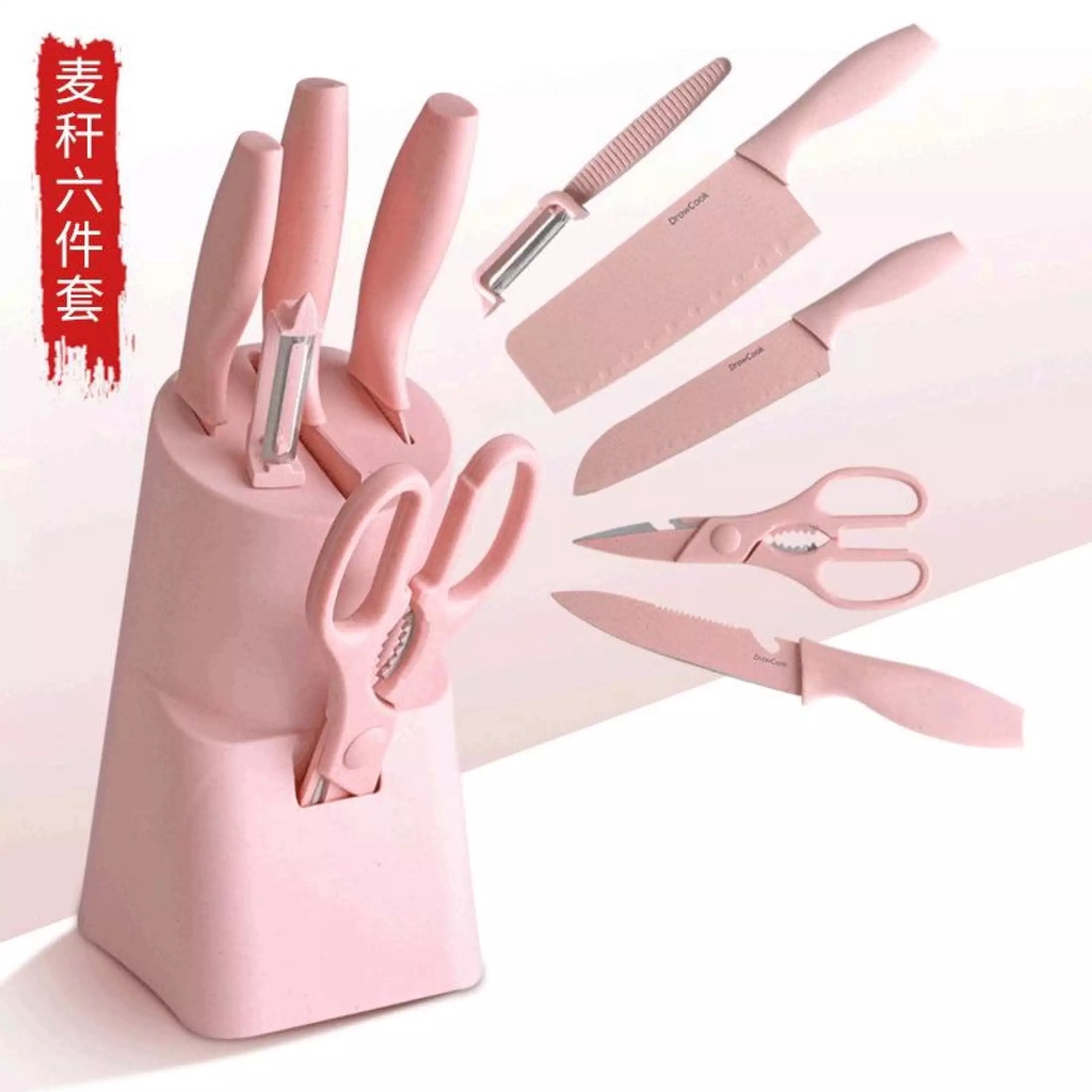 Paket Set Pisau Dapur Stainless 6 in 1 Gunting Pengupas Buah Tempat Pisau Perlengkapan Peralatan Dap
