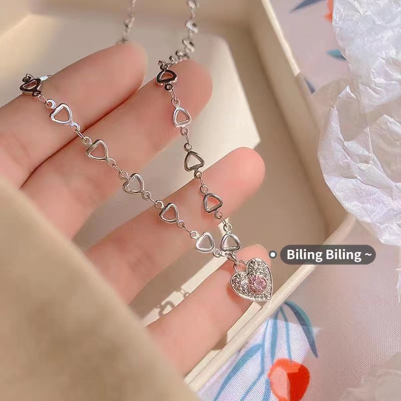 IFYOU Kalung Choker Desain Hati Warna Pink Bahan Silver Untuk Wanita