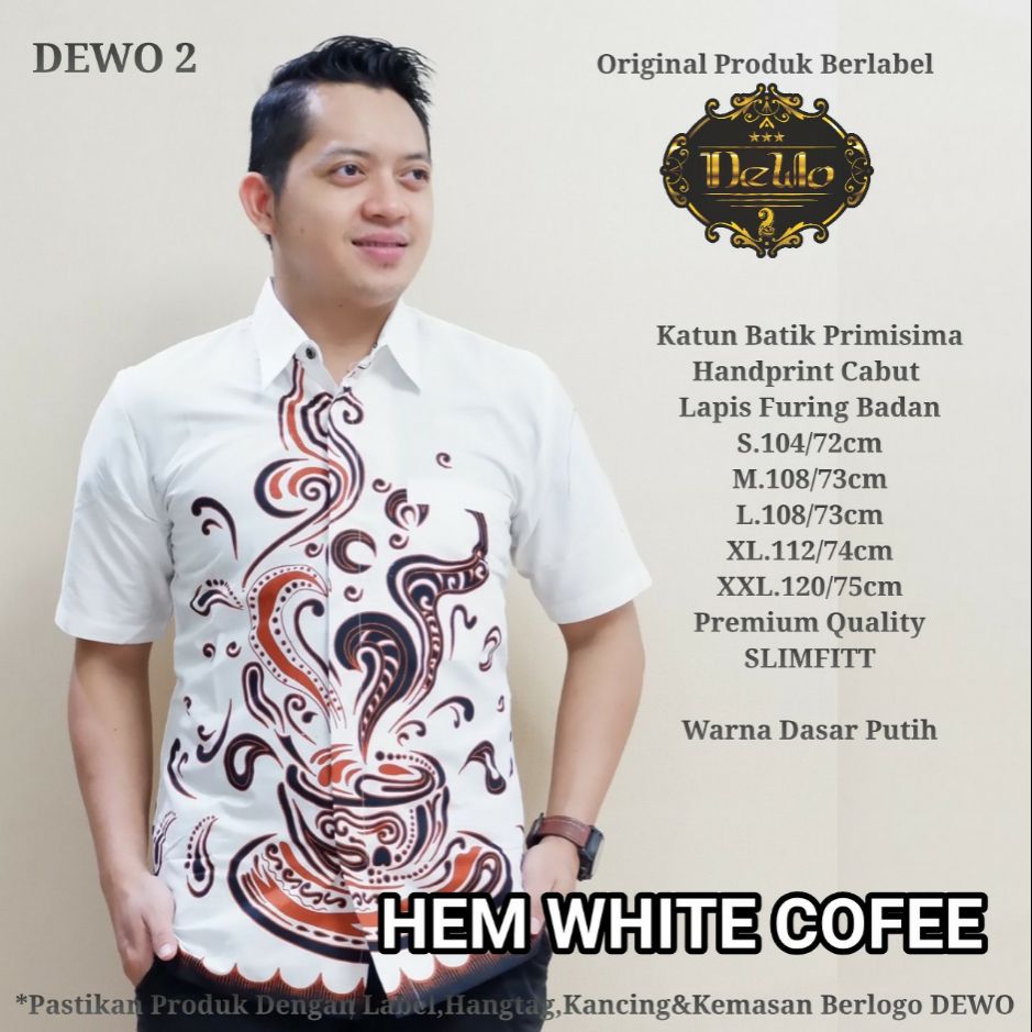 Kemeja Batik Slimfit Warna Putih Hem WHITE COFEE Baju Batik Slimfit Lapis Furing Kemeja Batik Pendek