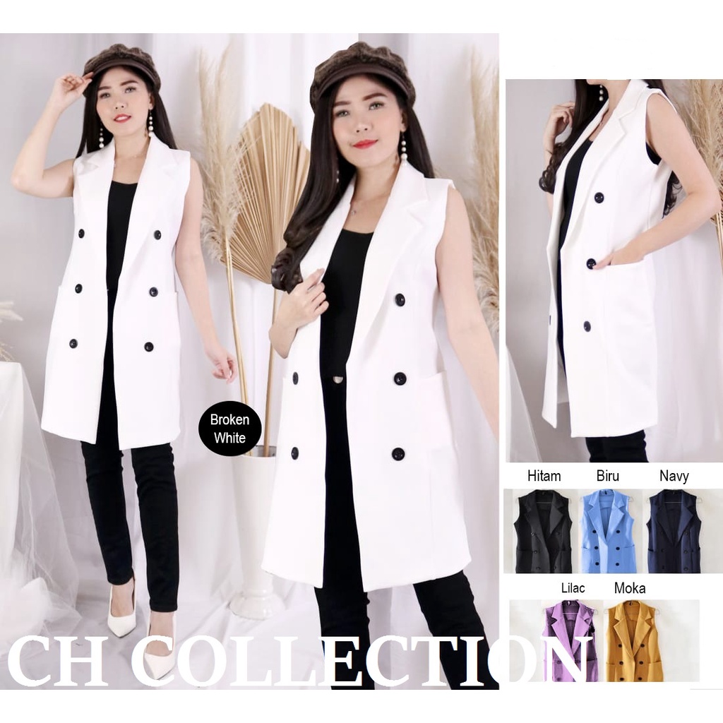 OUTER PUTIH HITAM PANJANG WANITA KANTOR KERJA OUTER HITAM SCUBA TEBAL LONG OUTER VEST WANITA PUTIH