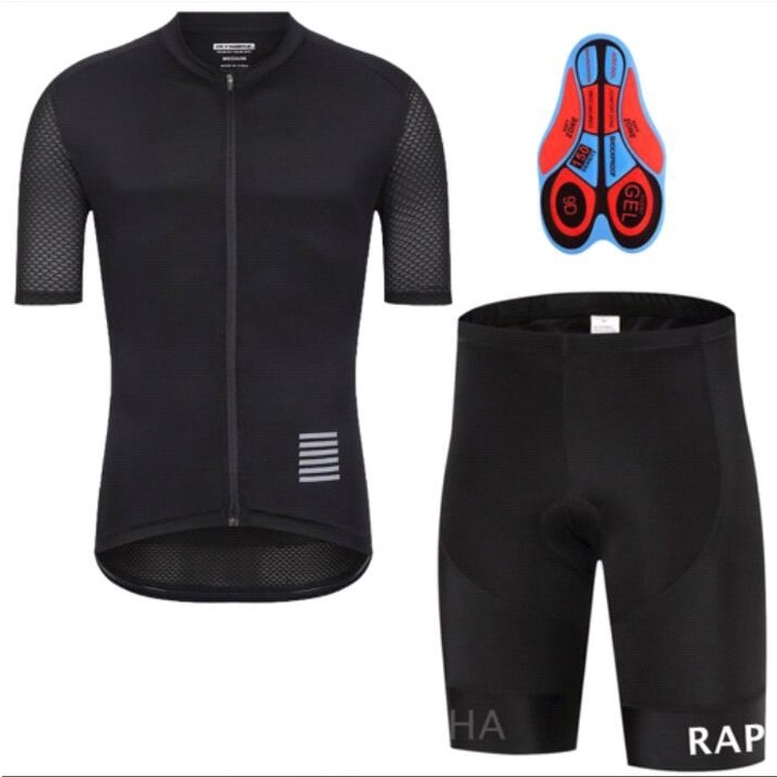 RAPHA Pakaian Bersepeda Padding 9D Gel Jersey Sepeda Roadbike MTB Pria/Wanita Hitam Lengan Pendek