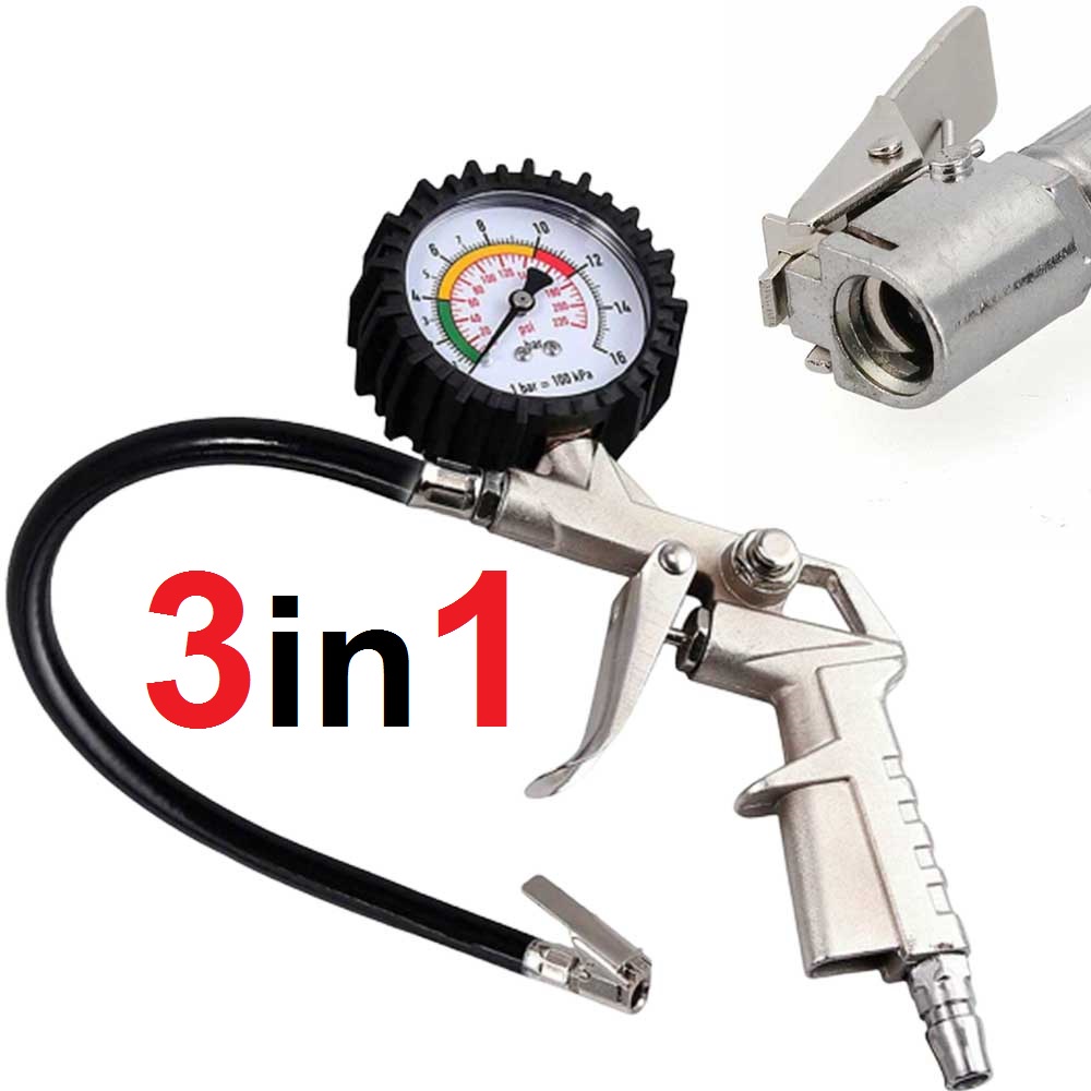 Tire Inflator Air Pressure Gun Isi Ukur Tekanan Angin 3 in 1 Tire Gauge Kit Alat Pengisi Ukur Tekanan Buang Angin Ban