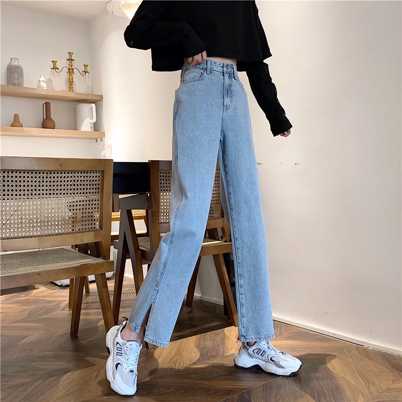 MOOGU ♡ Celana jeans longgar slit korea pinggang tinggi lurus