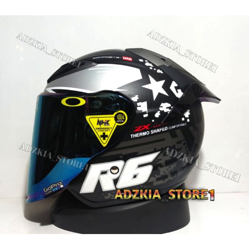 PAKET GANTENG HELM HALF FACE NHK R6 MOTIF PIXEL SILVER DOFF