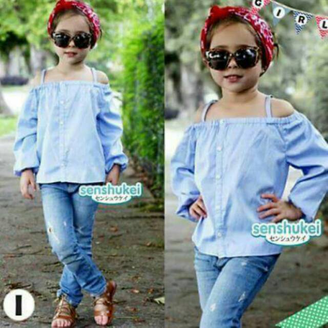 Setelan Anak Cewek Victoria Blue Sabrina Off Shoulder Set 2in1 (baju,celana)