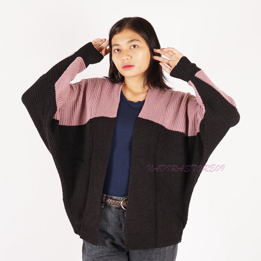 CARDIGAN BATWING RAJUT OVERSIZE PREMIUM / KOMBINASI / NILA HITAM