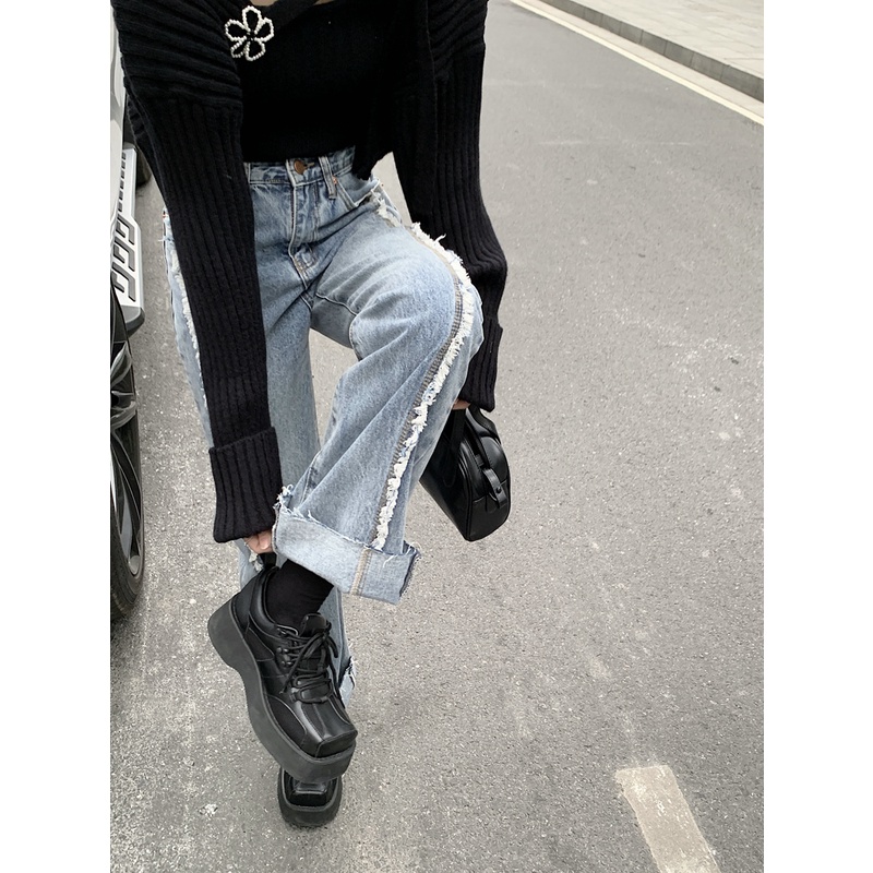 Suhao raw edge jeans pinggang tinggi celana lurus longgar celana pel kaki lebar