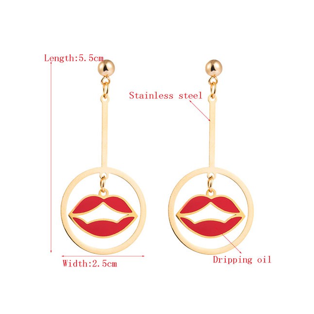 LRC Anting Tusuk Fashion Red Red Lip Hollow Stainless Steel Long Drop Oil Earrings D94821