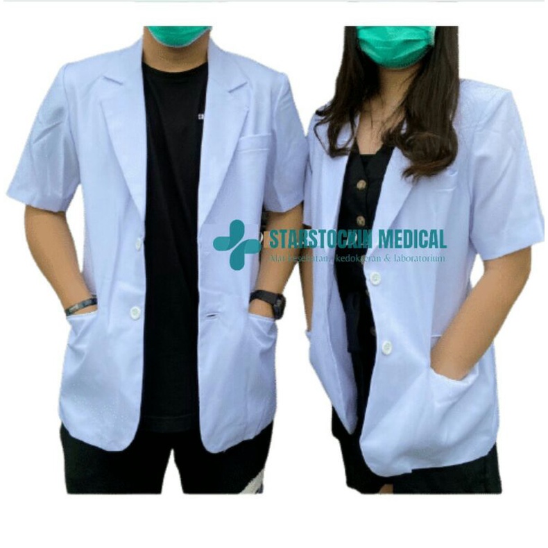 Jas Dokter Pria Wanita Lengan Pendek Snelli Sneli Dua Saudara Putih Kain Serat