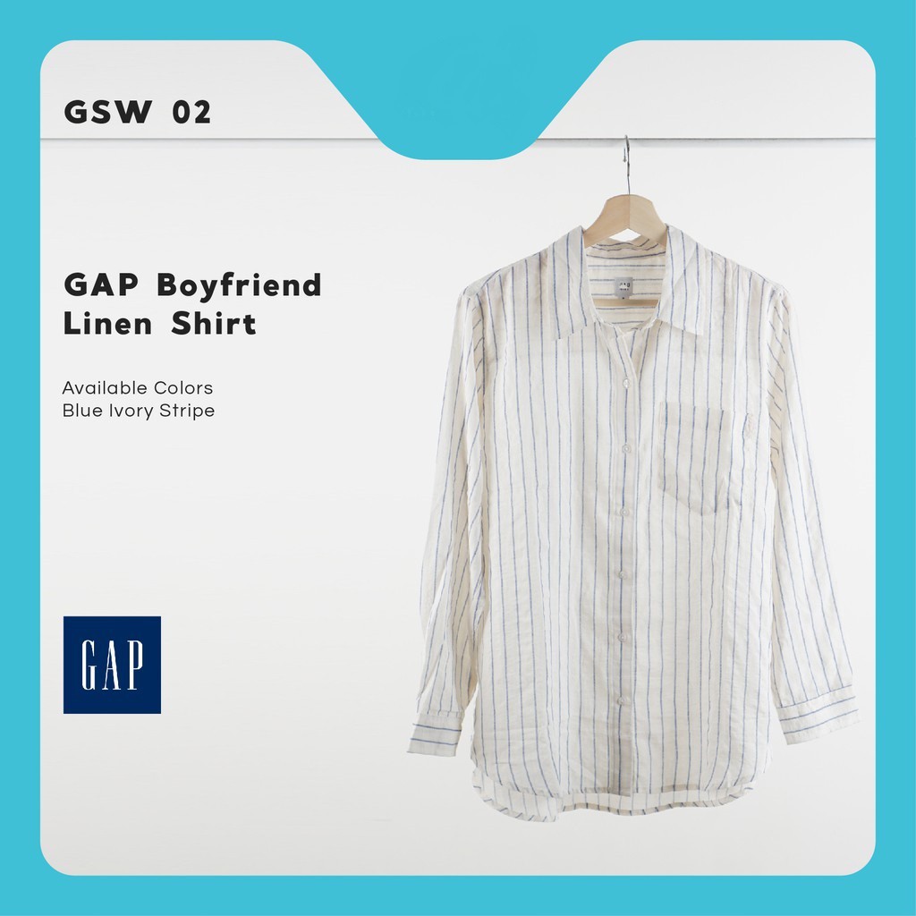 Kemeja Wanita // Kemeja Kerja - GAP Boyfriend Linen Shirt - Blue Ivory Stripe