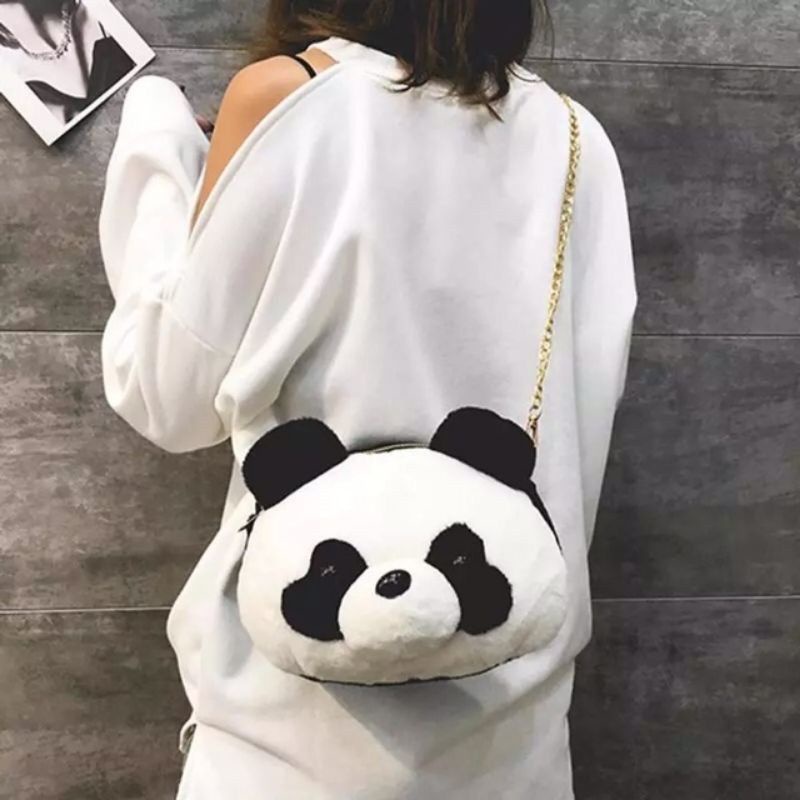 Tas Selempang Bulu Boneka PANDA Hitam Putih Imut Lucu Gemoy Chubby Gemes