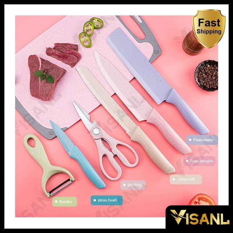Pisau Dapur Set isi 6pcs Kitchen Knife Set Multicolor/6IN1 Pisau Set EVCRIERH Stainless Dilapis Anti