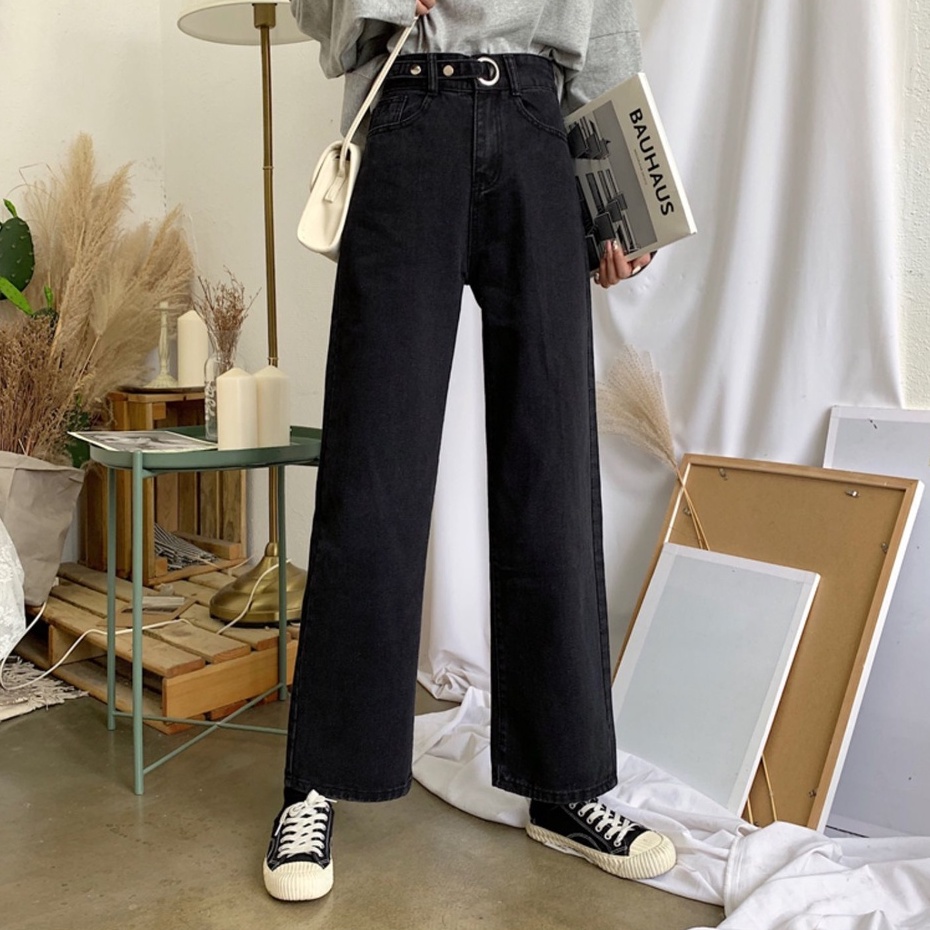 hitam korean style highwaist straight loose celana jeans panjang wanita\ BF kulot celana jens import