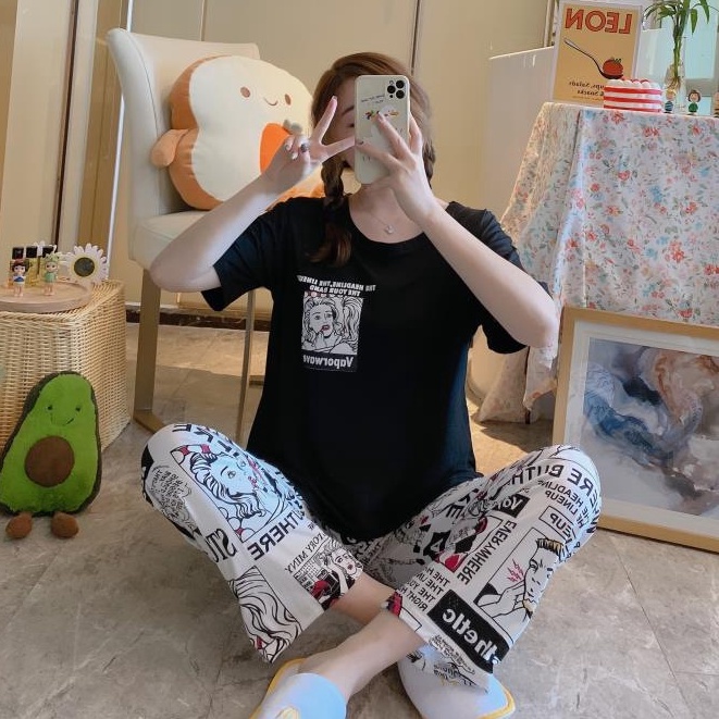 Baaju.id Baju Setelan Piyama Import Jumbo Big Size Baju Rumah Baju Tidur Wanita KR1001-AESTHETIC (BLACK)