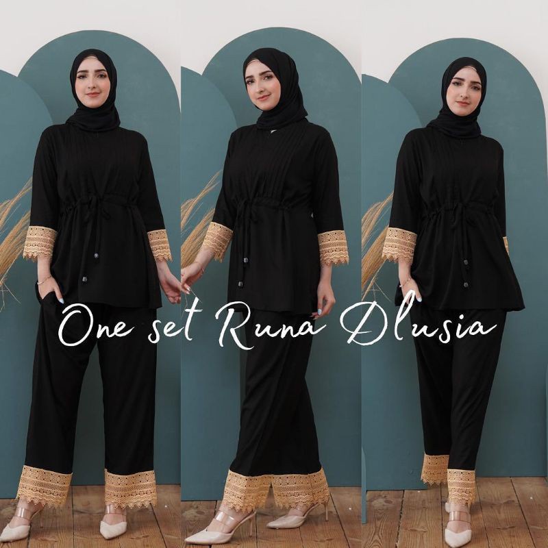 One Set Runna Setelan Wanita Rayon Premium Jumbo Renda Baju Wanita Set Celana Panjang Renda Kekinian LD 110 cm