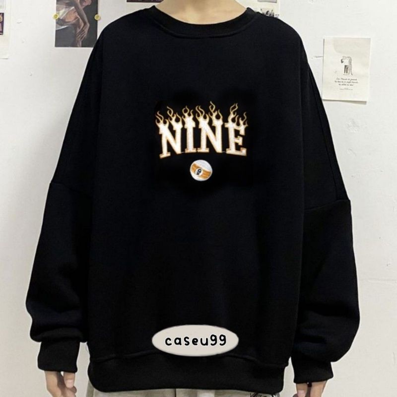 sweater black hitam nine api baseball swag Harajuku// crewneck sweetshirt wanita pria perempuan laki cewe cowo unisex bahan fleece// sweater distro viral// Women Man Sweatshirts Loose Pullover print sablon