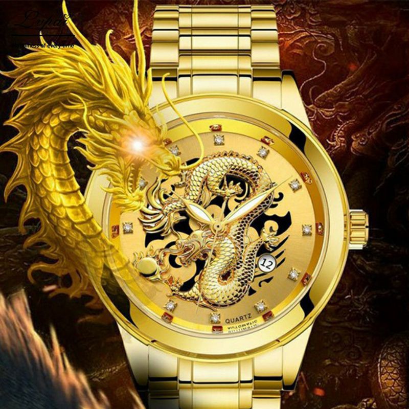 (BISA COD) Jam Tangan Naga Emas Men Watch Gold Mewah Jam Tangan Pria Keren Kalender Anti Air JT8A