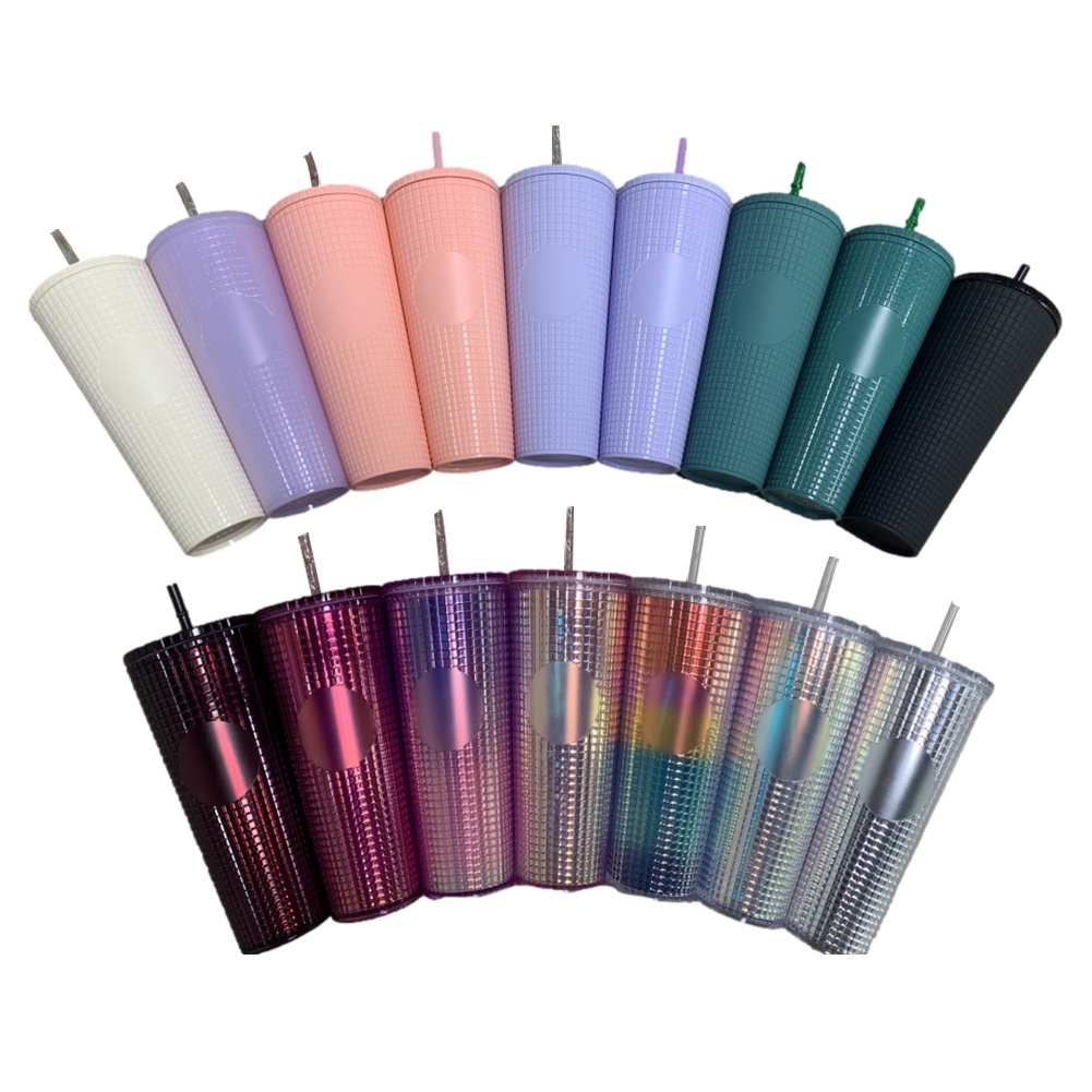 2022 NEW Arrival 24oz Diamond Radiant Goddess Corn Grid Studded Cup Double Wall Plastic Coffee Mug Tumbler with Straw and Lid -OW-