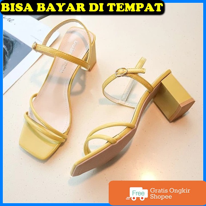 Sandal Hak Hils Import Wanita Sendal High Heels Andin Tali Belaka AM332 Hak Tahu Ags 11 - Kuning, 3