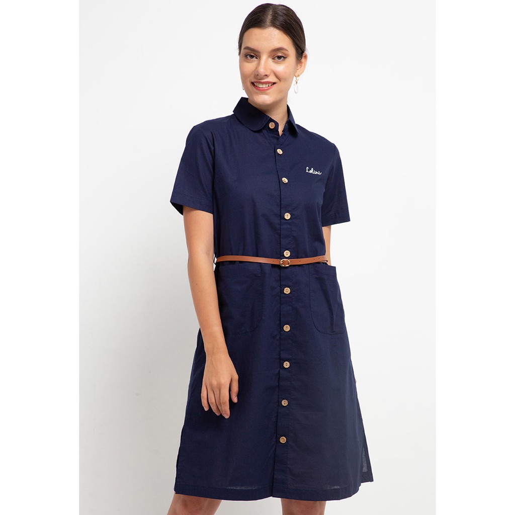 LOLINI - Vienna /Tunic - Dress Lengan Pendek Fashion Wanita Navy Polos Berkerah Kancing Midi Selutut
