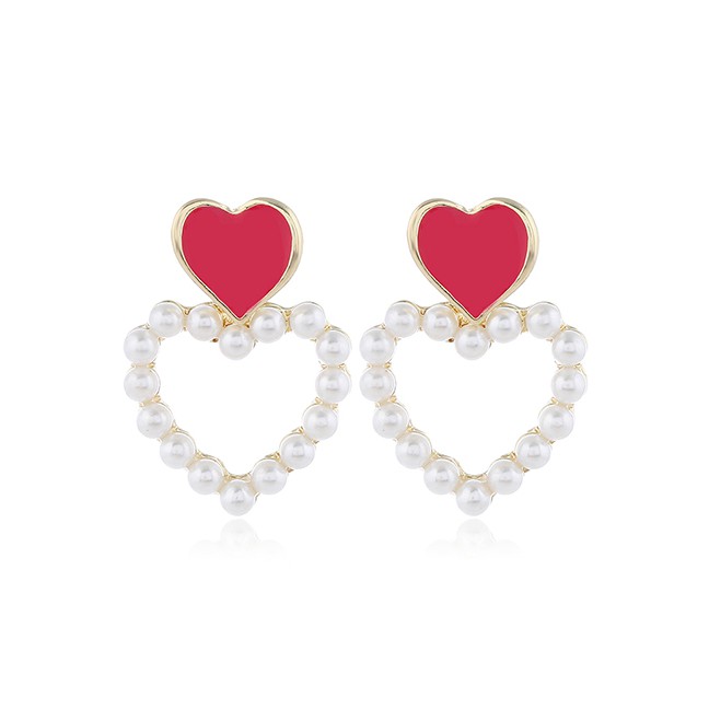 LRC Anting Tusuk Fashion Contrasting Oil Drop Heart Stud Earrings With Pearls A60561