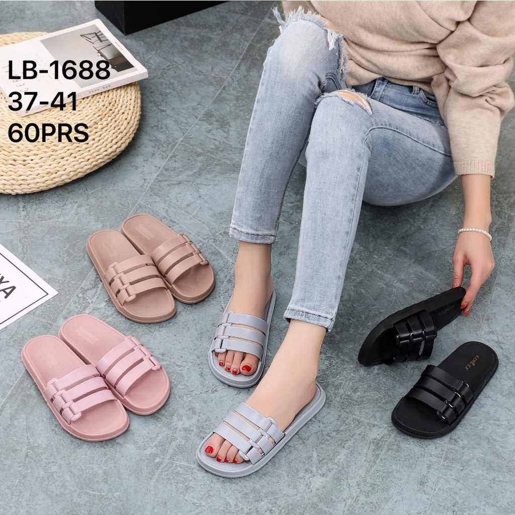 Sandal Slop Wanita Karet Import Motif Strap Tali 3 Bahan Lentur Elastis SG3