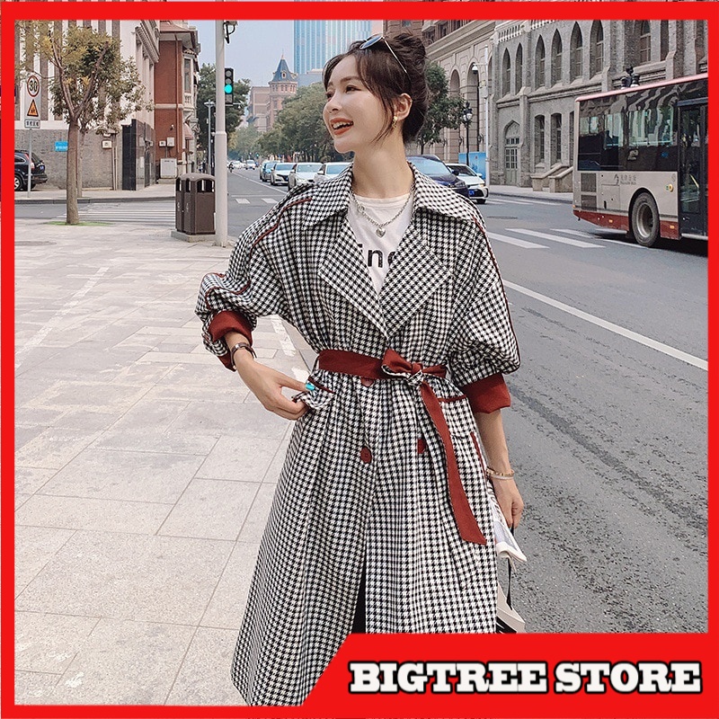 Coat Wanita Musim Dingin Import Windbreaker Spring Autumn Long Plaid Contrast Korean Loose Ladies Cl