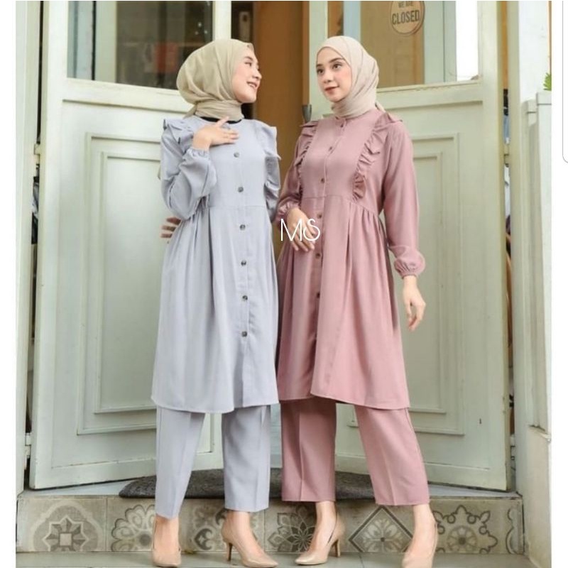 SET CELANA TUNIK INEZ, MOSCREPE, GAMIS HIJAB MUSLIM, SETELAN