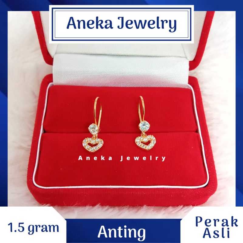 Anting Love Gantung Mata2, Perak 925, Lapis Emas Kuning