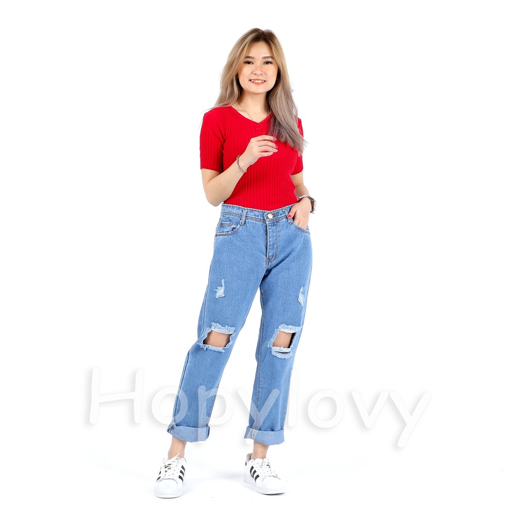 HOPYLOVY - Celana Boyfriend Jeans Wanita Sobek BF Distressed Monita