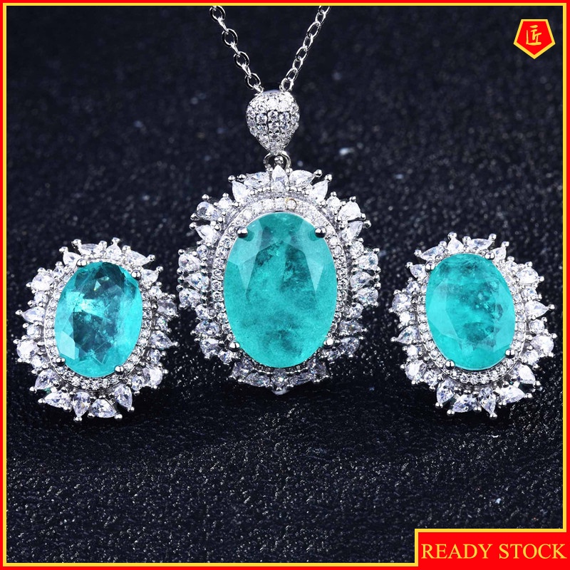 [Ready Stock]Natural Paraiba Necklace Luxury Gems Stud Earrings Jewelry Set