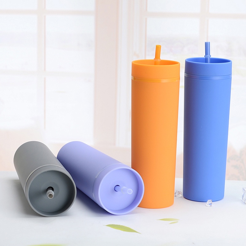 1pc Tumbler Dinding Ganda Bahan Plastik Ukuran 16oz Dengan Sedotan