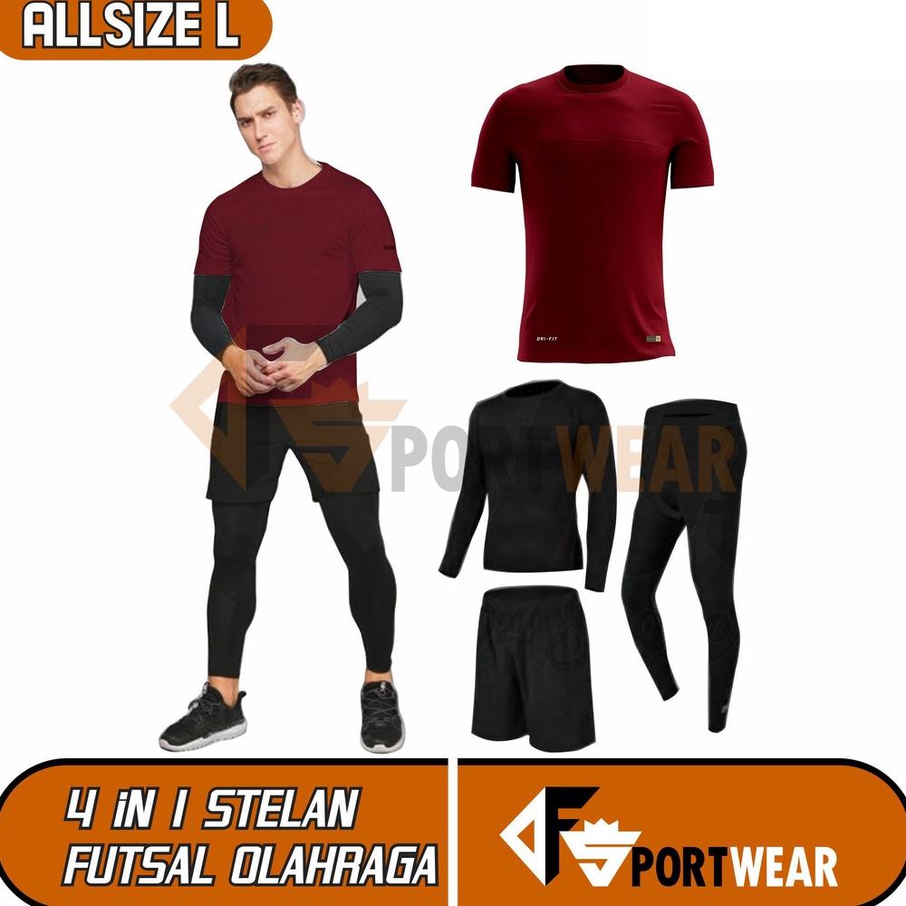 Full Set [ 4 In 1] Stelan Olahraga Pria Premium Manset Baju Futsal Running (Maron)