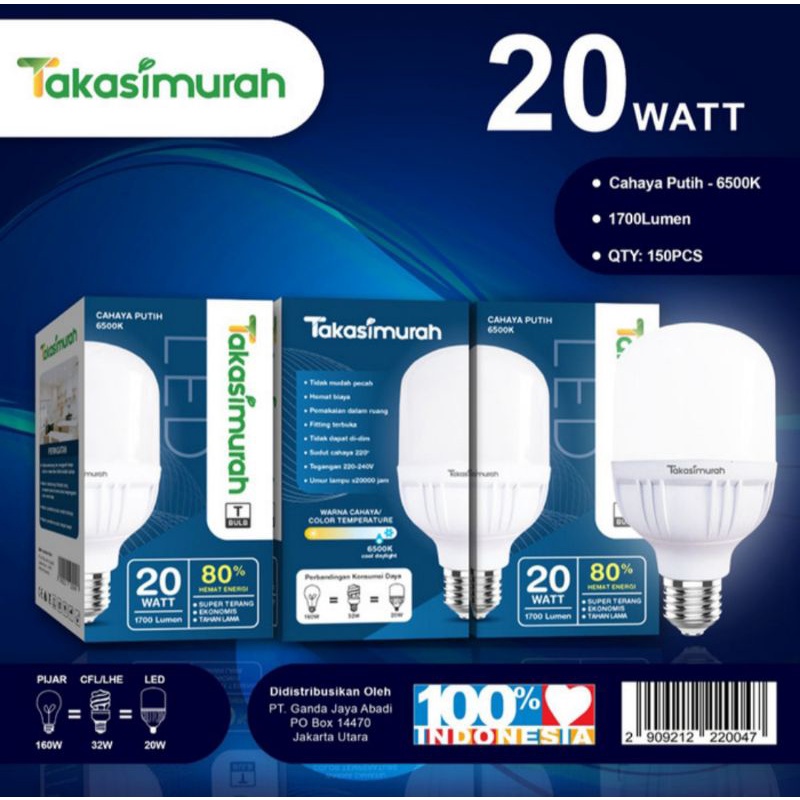 Takasimurah Lampu LED Bulb T 20Watt - Putih Murah Terang