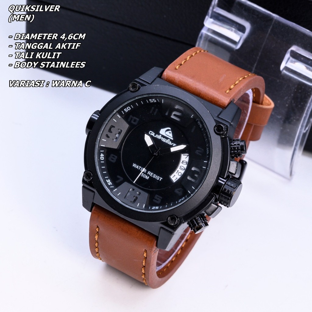 JAM TANGAN PRIA QUIKSILVER TALI KULIT BODY BULAT TANGGAL AKTIF