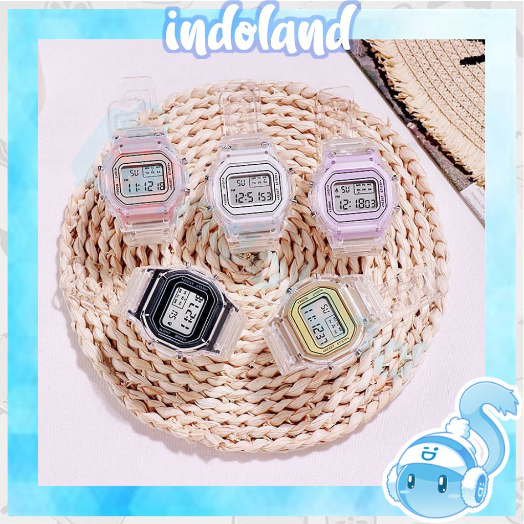 ☀ INDOLAND ☀ JT032 Jam Tangan Wanita Digital Transparan Square Dial Couples Watch Korean Import