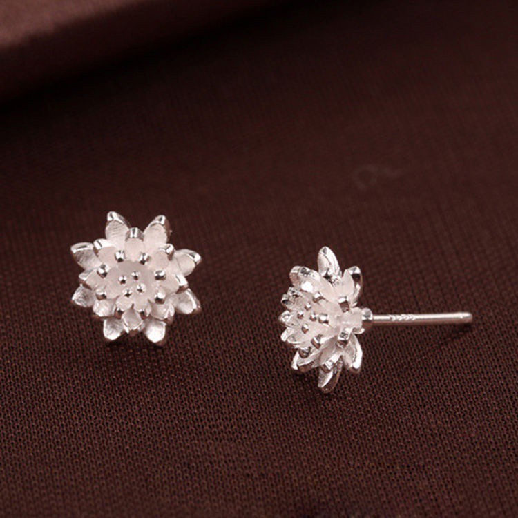 Anting Tusuk Model Bunga Lotus Warna Silver 925 untuk Wanita 0585