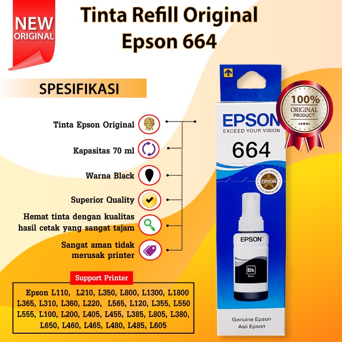 Tinta Epson Original 664 L100 L110 L120 L200 L210 L220 L300 L310 L350 L355 L360 L360 L455 L550 L1300