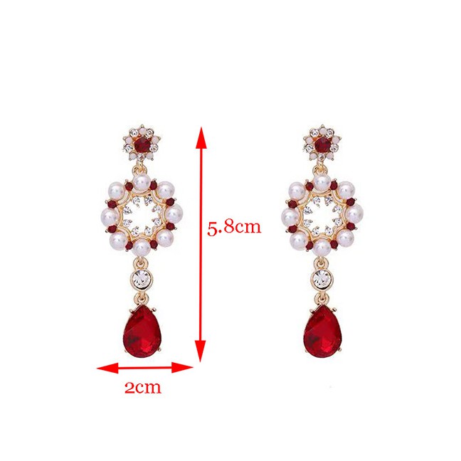 LRC Anting Tusuk Fashion Red Geometric Pearl Flower Drop Earrings With Diamonds A60369