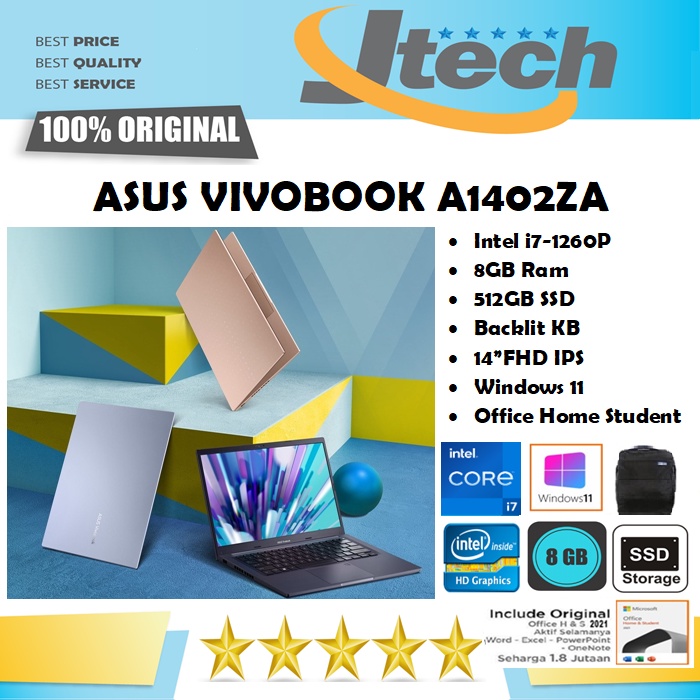 ASUS VIVOBOOK 14 A1402ZA - i7-1260P - 8GB - 512GB SSD - BACKLIT KB - 14&quot;FHD IPS - WIN11 - OFFICE HOME STUDENT