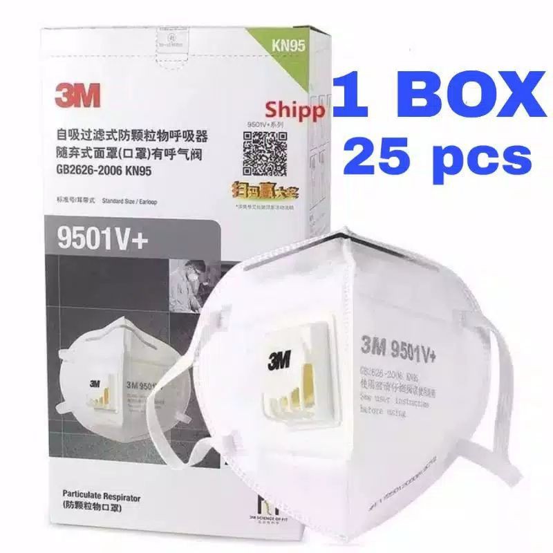 1 Box = 25pcs ( ORIGINAL ) Masker Mulut 3M 9501v+ / Setara N95 ( Dilengkapi Ventilator Udara )