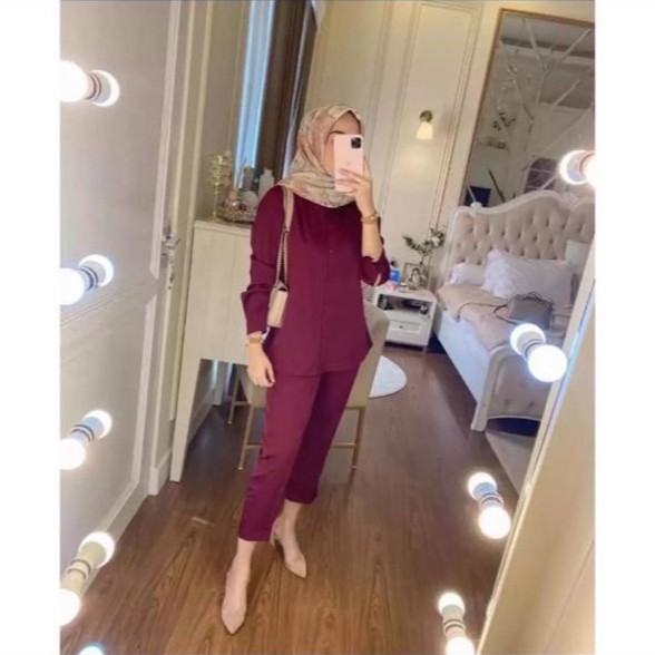 SET RAYON POLOS KEKINIAN/ONE SET WANITA TERBARU LENGAN PANJANG/SETELAN BAJU DAN CELANA DAILY FIA.COLLECTION-MERAH