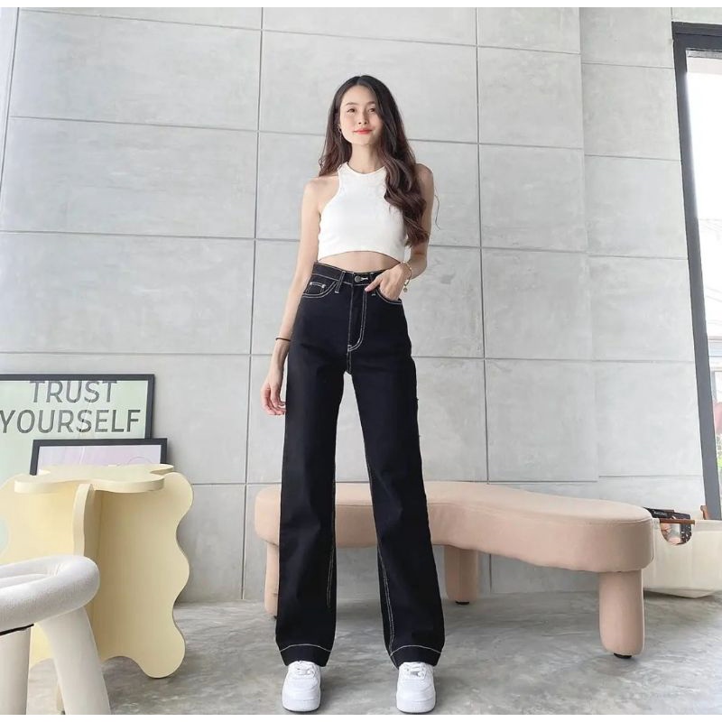 (27-34) HITAM LIST PUTIH HW LOOSE JEANS / BLACK LIST WHITE HW LOOSE JEANS / CELANA HIGHWAIST LOOSE JEANS WANITA CEWEK