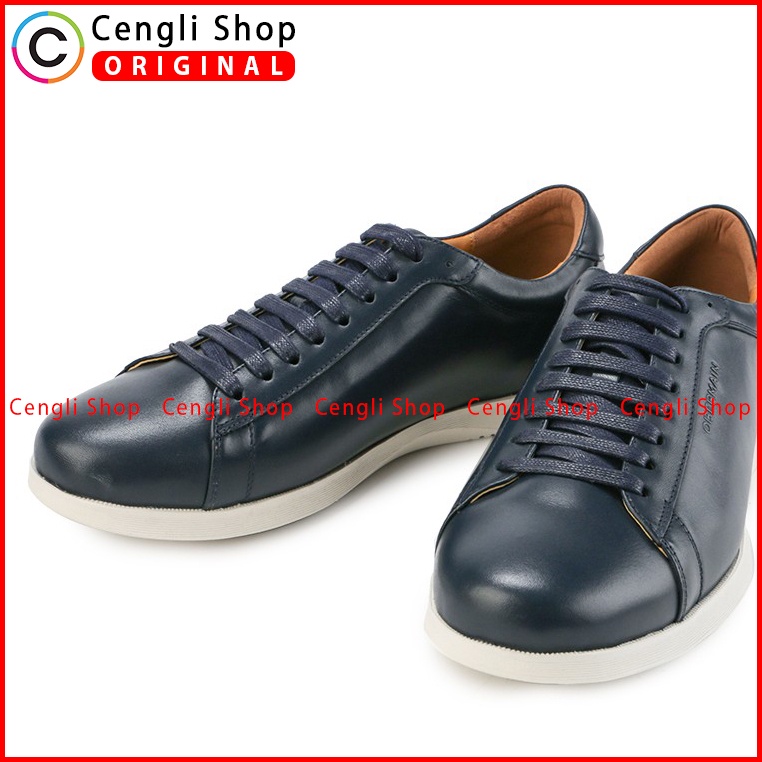 SEPATU OBERMAIN PRIA ORIGINAL SNEAKER CASUAL KULIT ASLI BIRU NAVY OM02