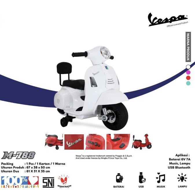 Motor Aki Mainan Anak PMB TOYS M788 VESPA 6V 7Ah Garansi Original SNI-5