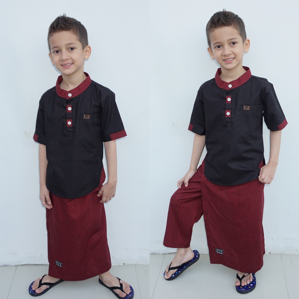 Hooflakids Set Setelan Baju Koko Anak Laki Laki Usia 1-10 Tahun Warna Hitam (NKH03) Bawahan Celana Sarung Sarcel