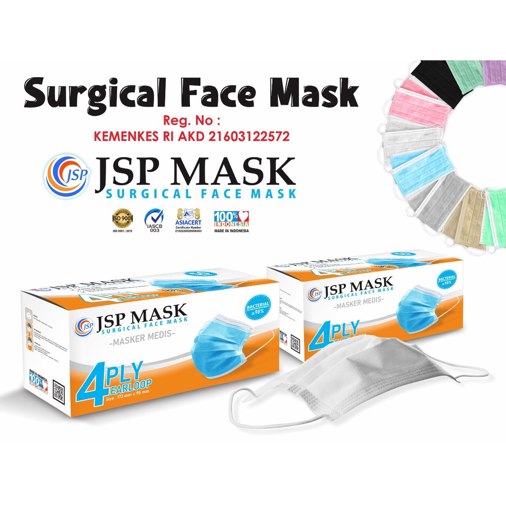 Masker 4PLY isi 50 PC FREE 5 KONEKTOR masker medis KEMENKES surgical JSP mask JM03